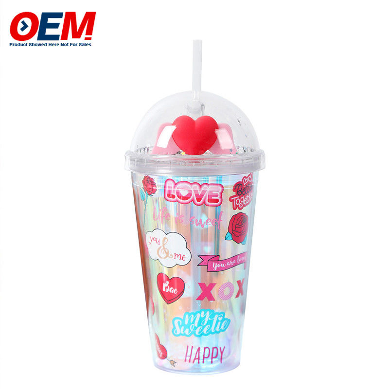 맞춤형 PP Double Wall Cup With Straw OEM 450ml 플라스틱 컵 고품질 귀여운 유니콘 물컵