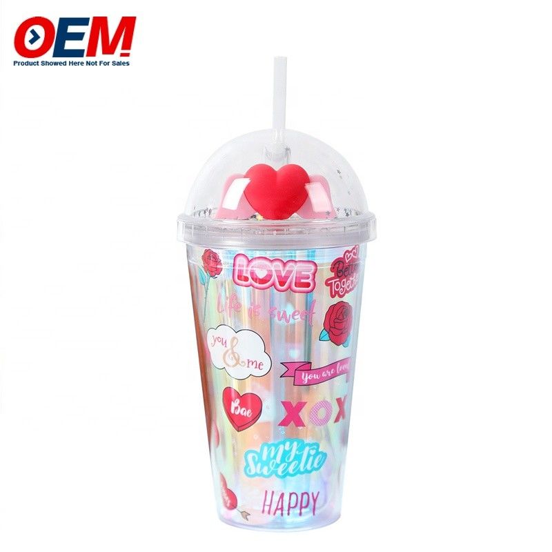 공장 맞춤형 PP Double Wall Cup With Straw OEM 플라스틱 컵 귀여운 곰 물 컵