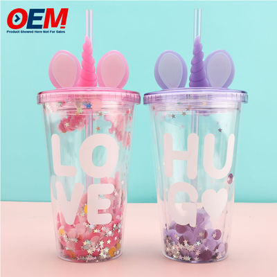 맞춤형 PP Double Wall Cup With Straw OEM 450ml 플라스틱 컵 고품질 귀여운 유니콘 물컵